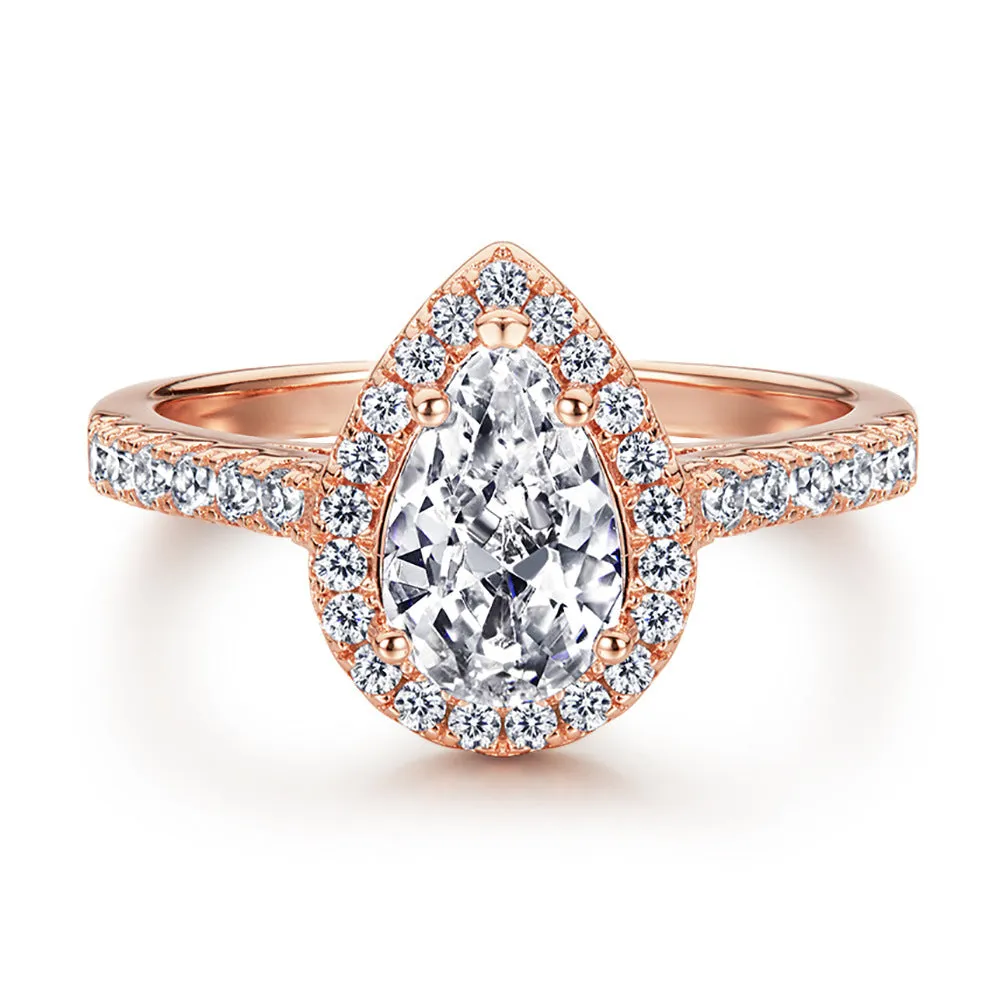 (1.5CT) Water-drop Zircon Soleste Halo Silver Ring for Women