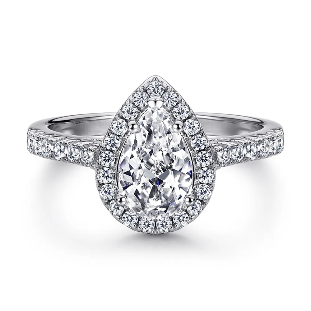 (1.5CT) Water-drop Zircon Soleste Halo Silver Ring for Women