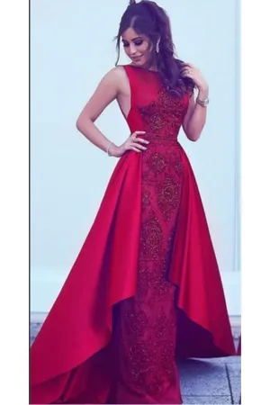 2024 Long New Style Red Scoop Sleeveless Mermaid Satin Beads Prom SWK10082