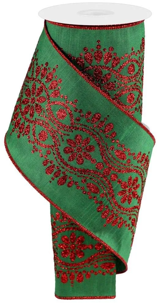 4" Luxurious Center Dupioni Ribbon: Emerald/Red - 10yds