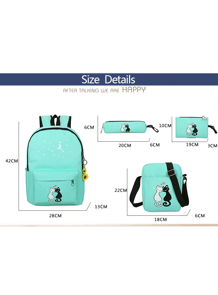5 Pcs/set Women Backpacks Cute Cat School Bags