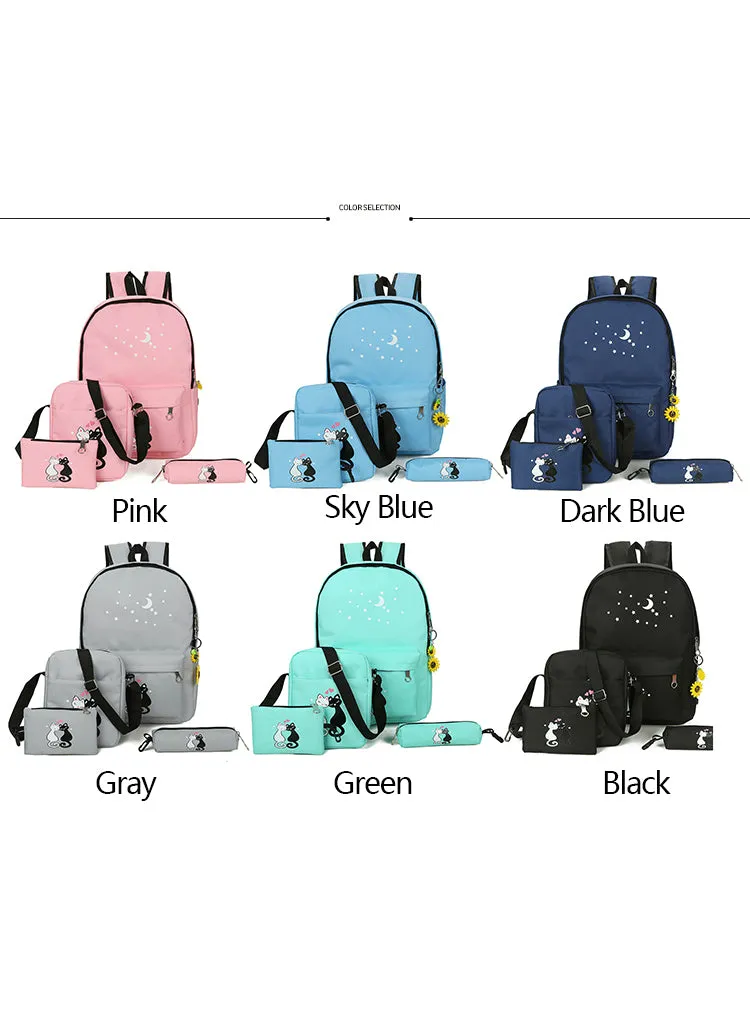 5 Pcs/set Women Backpacks Cute Cat School Bags