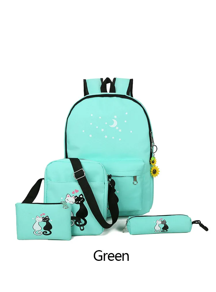 5 Pcs/set Women Backpacks Cute Cat School Bags