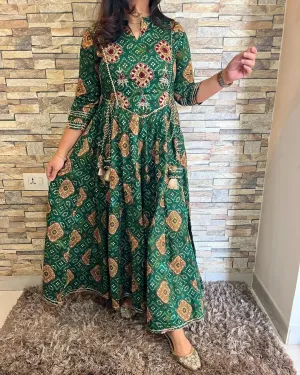Bandhani Cotton Embroidered Long Dress Green