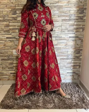 Bandhani Cotton Embroidered Long Dress Red