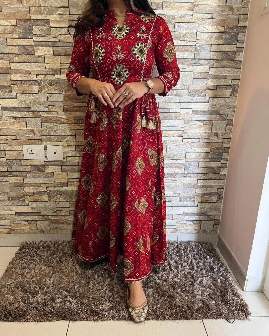 Bandhani Cotton Embroidered Long Dress Red