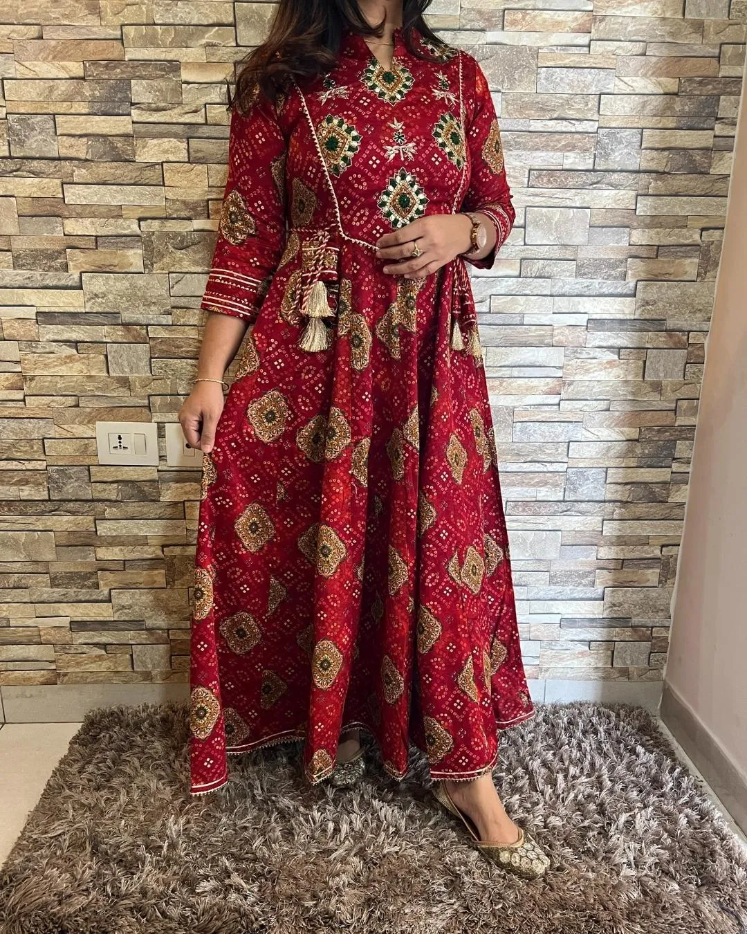 Bandhani Cotton Embroidered Long Dress Red