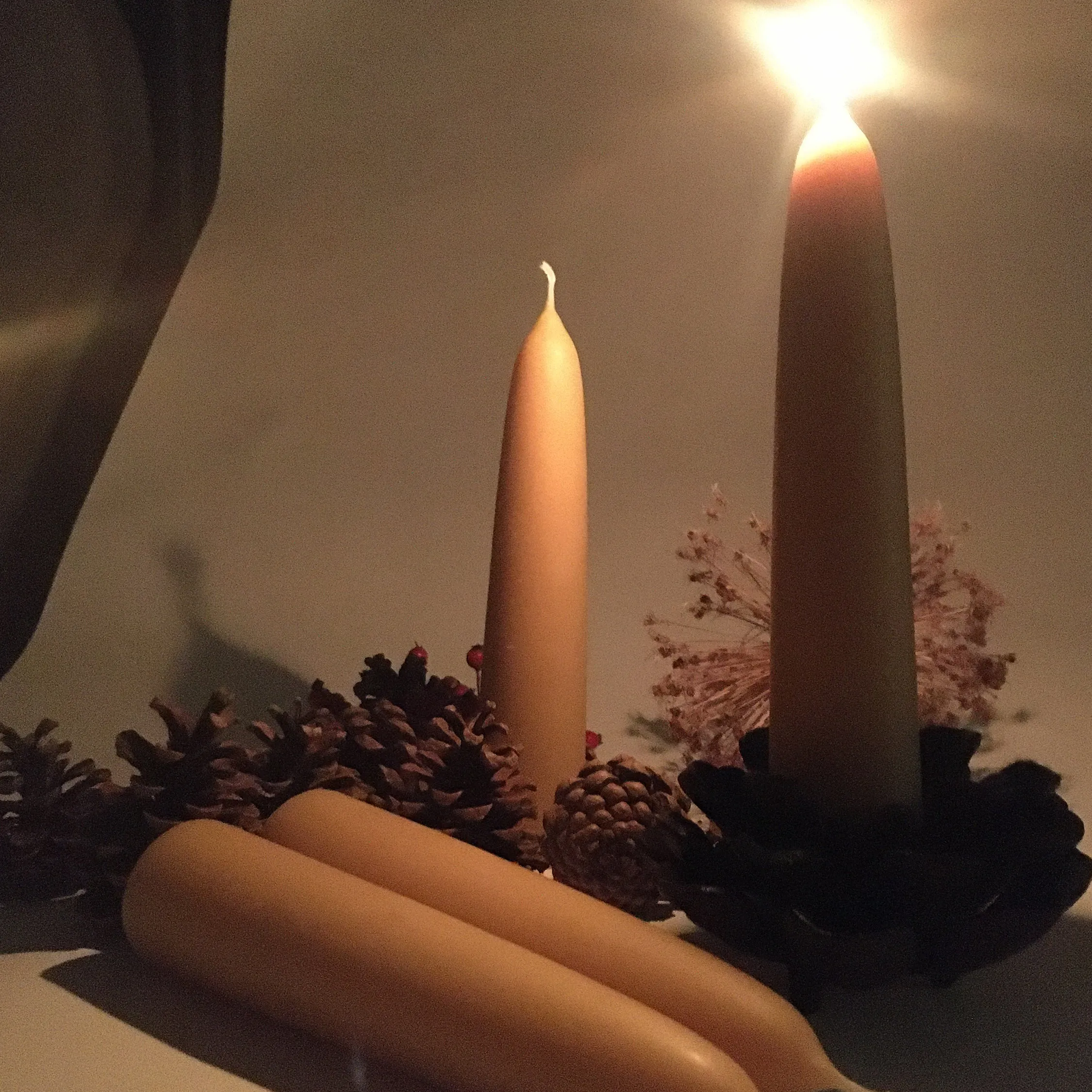 beeswax pair of large stumpy candle dipped