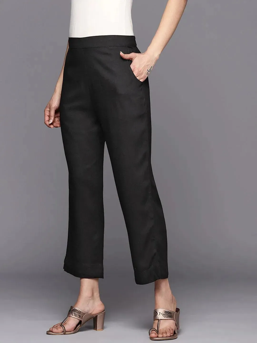 Black Solid Viscose Rayon Trousers