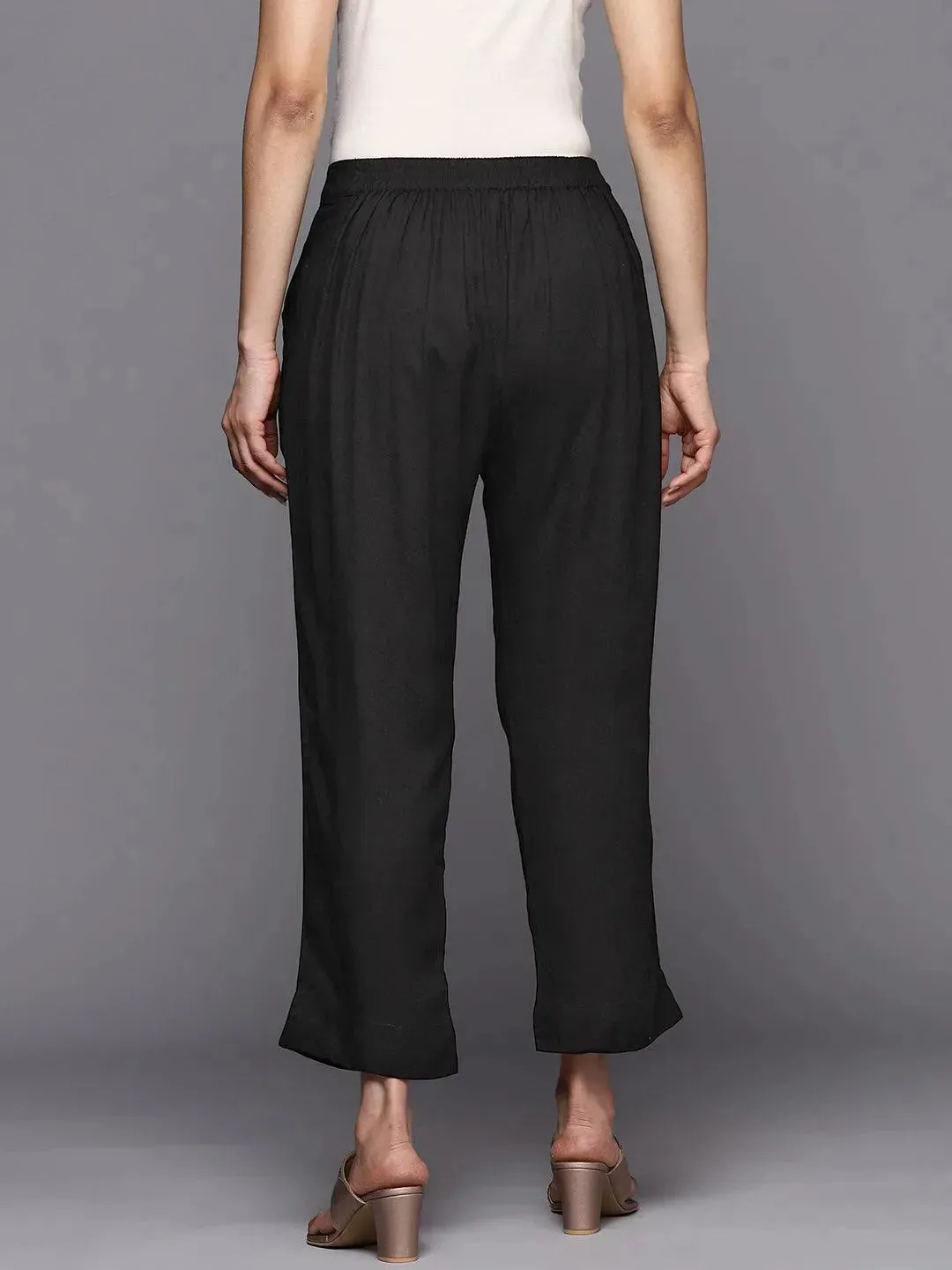 Black Solid Viscose Rayon Trousers