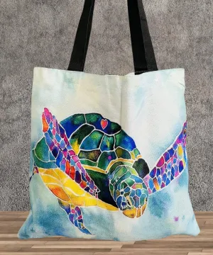 Blue-Multi Watercolor Rainbow Turtle Linen Tote Bag