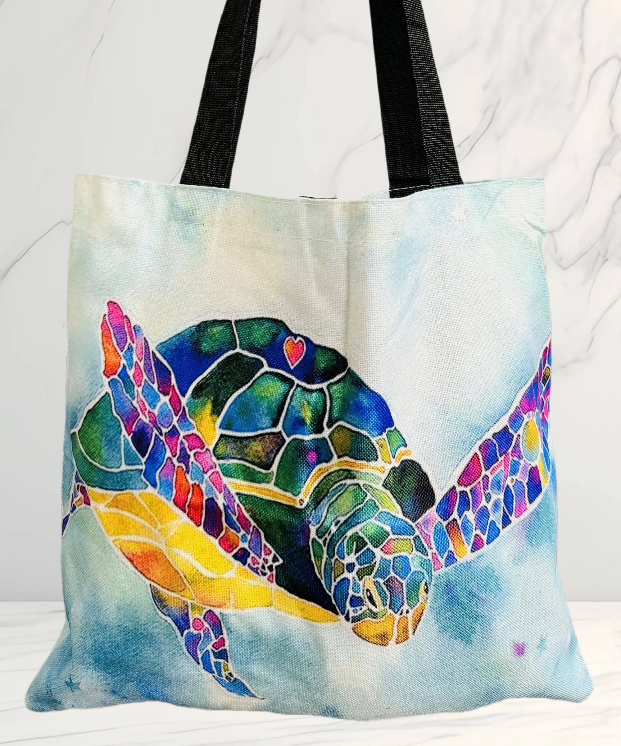 Blue-Multi Watercolor Rainbow Turtle Linen Tote Bag