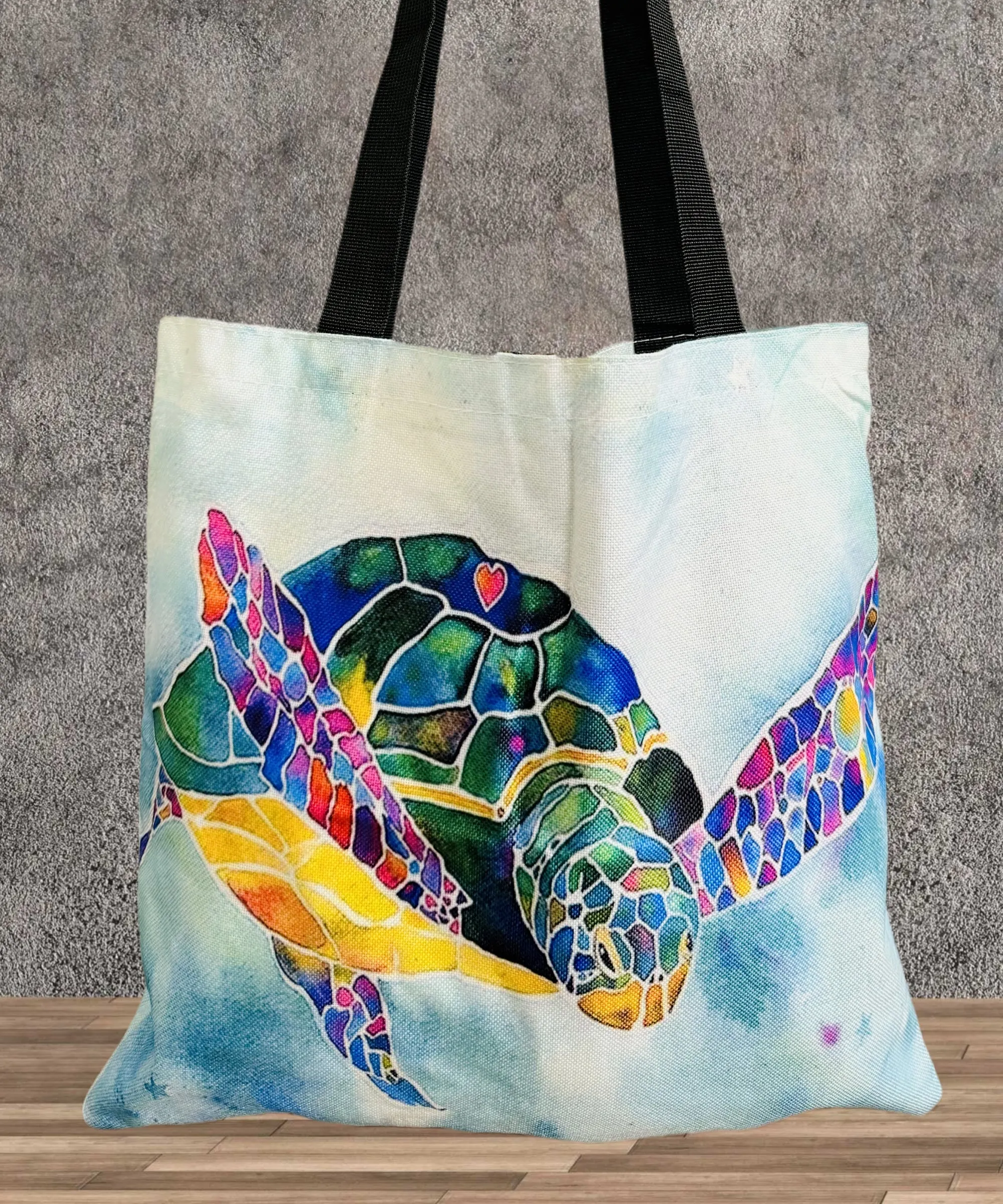 Blue-Multi Watercolor Rainbow Turtle Linen Tote Bag