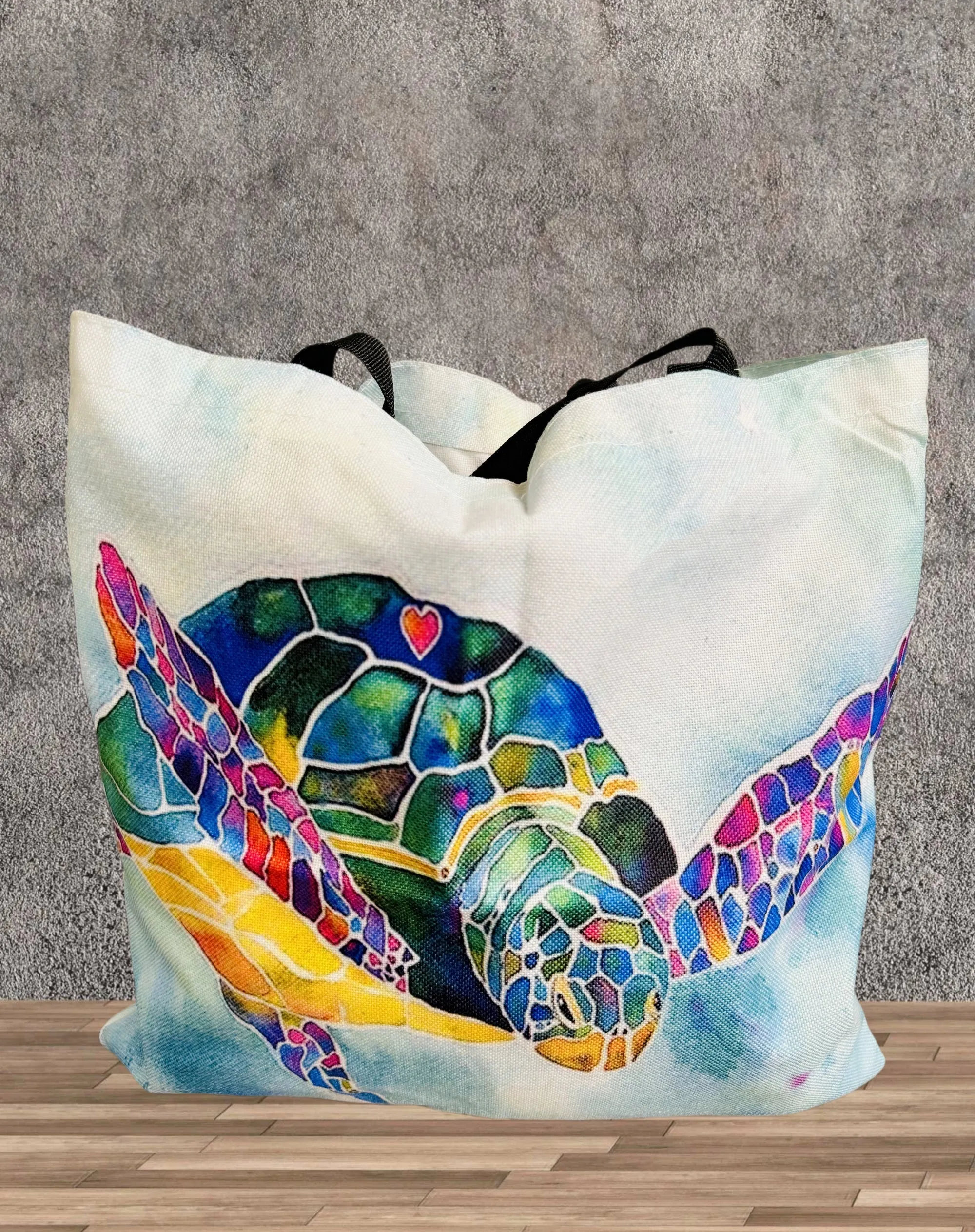 Blue-Multi Watercolor Rainbow Turtle Linen Tote Bag