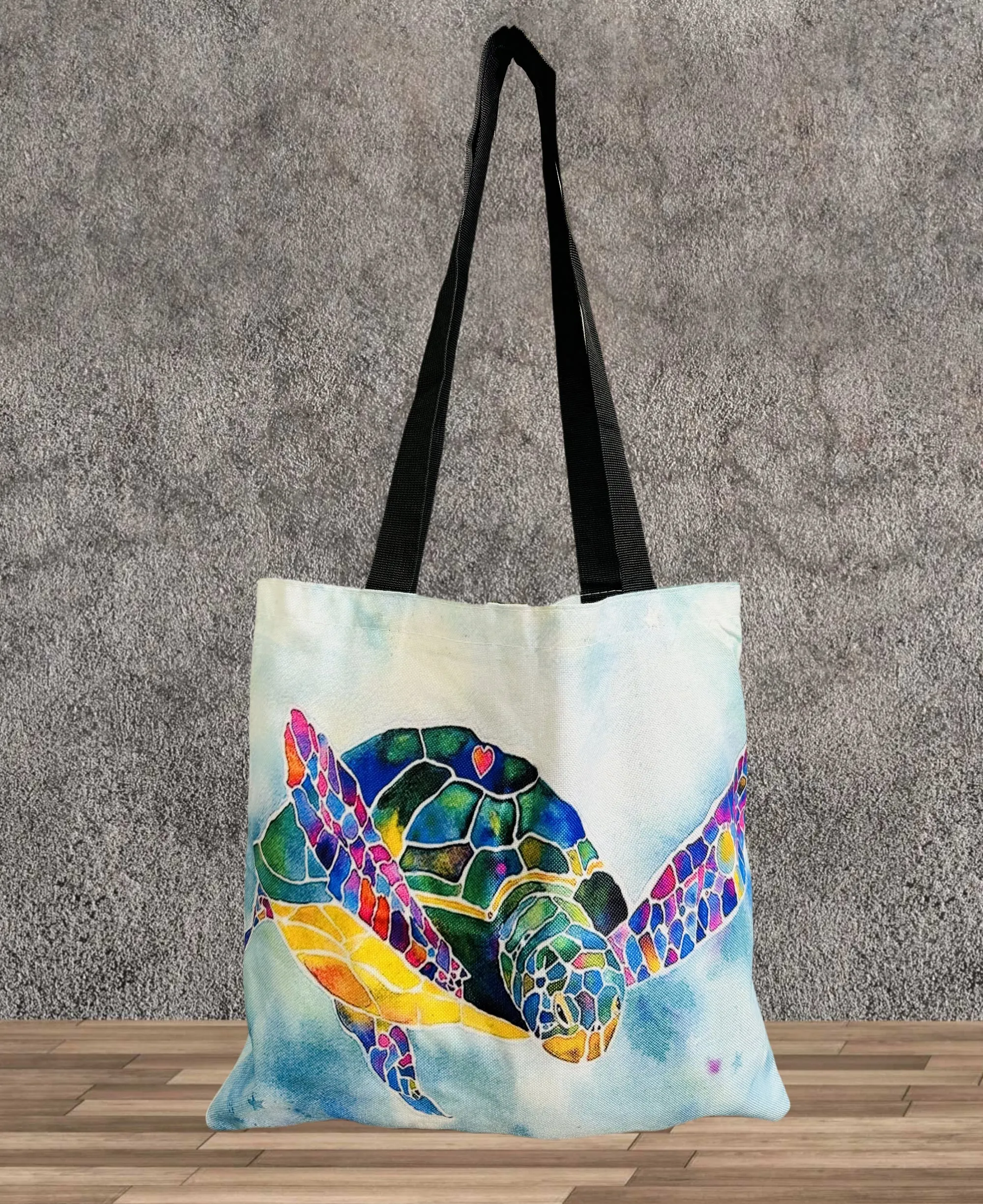 Blue-Multi Watercolor Rainbow Turtle Linen Tote Bag