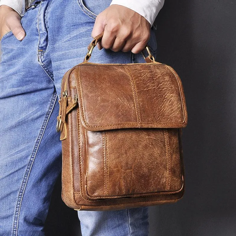 Brown LEATHER MENS Vertical SIDE BAG Small COURIER BAG Vertical Handbag MESSENGER BAG FOR MEN