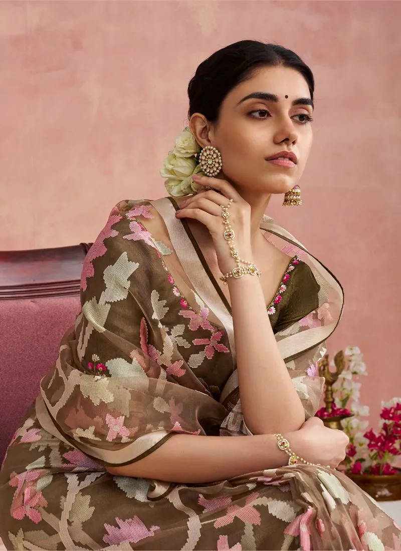 Brown Stunning Brasso Organza Festive Saree