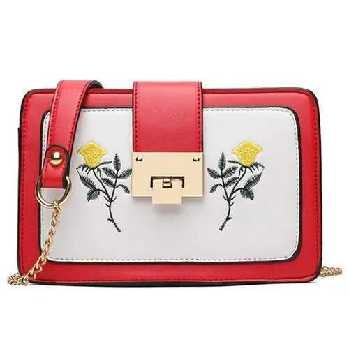 Chain Strap Flower Embroidered Crossbody Bag - Red