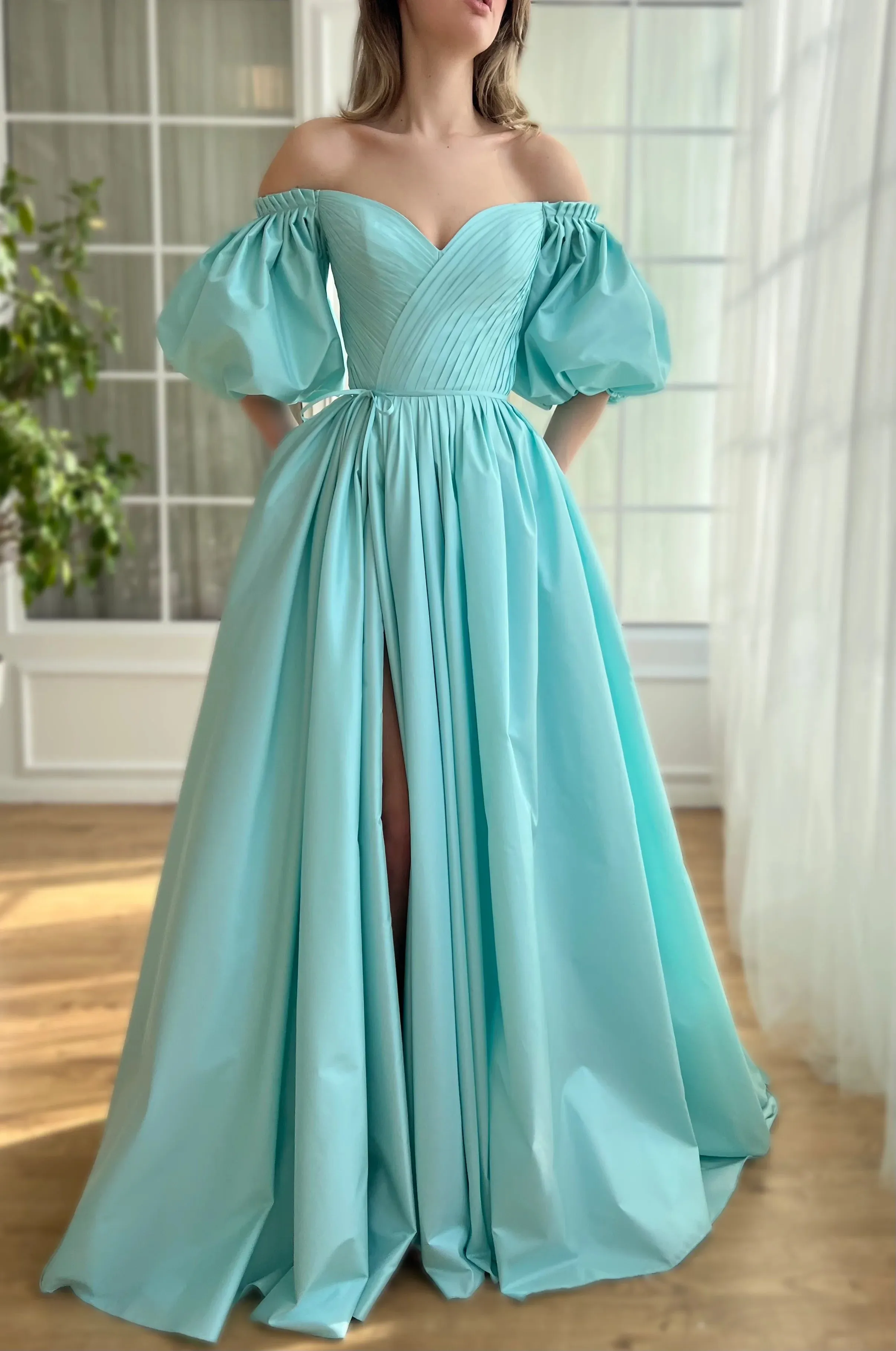 Charming Aquamarine Gown Off Shoulder A-Line Floor-length Prom Dress