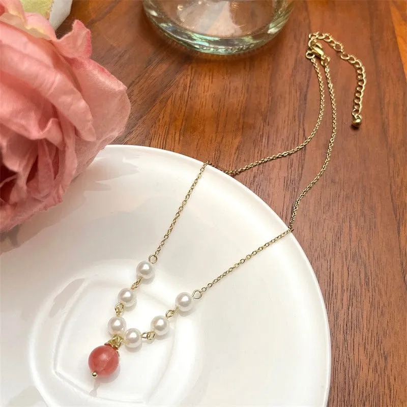Charming Stone Peach Pendant Pearl Chain Necklace