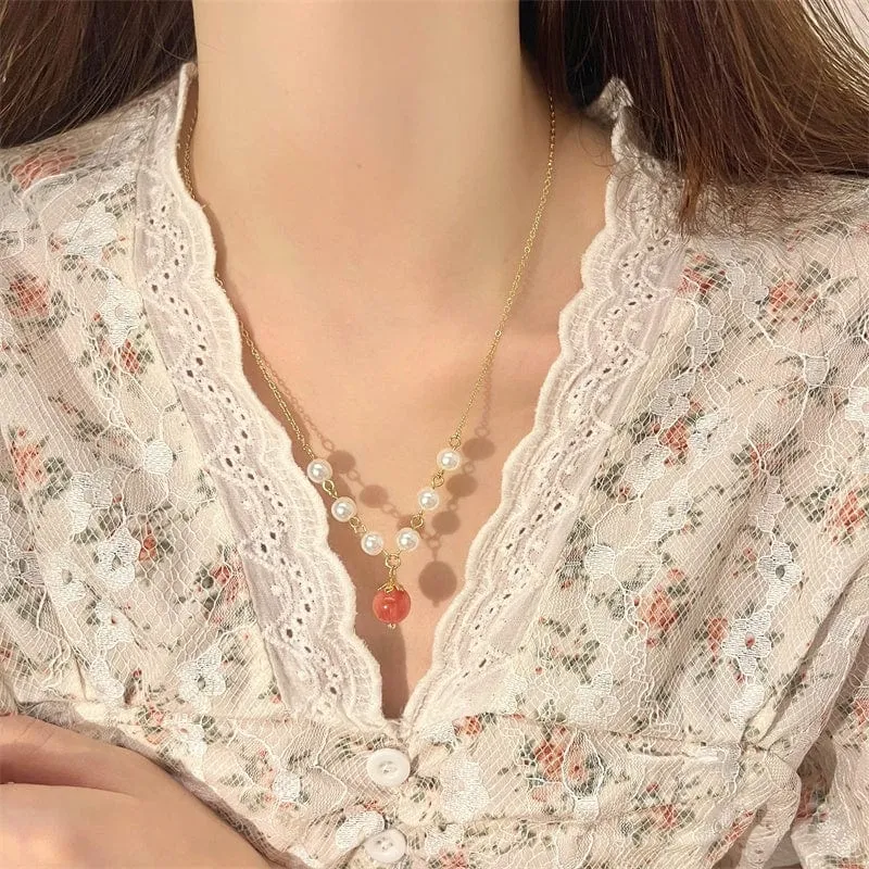 Charming Stone Peach Pendant Pearl Chain Necklace