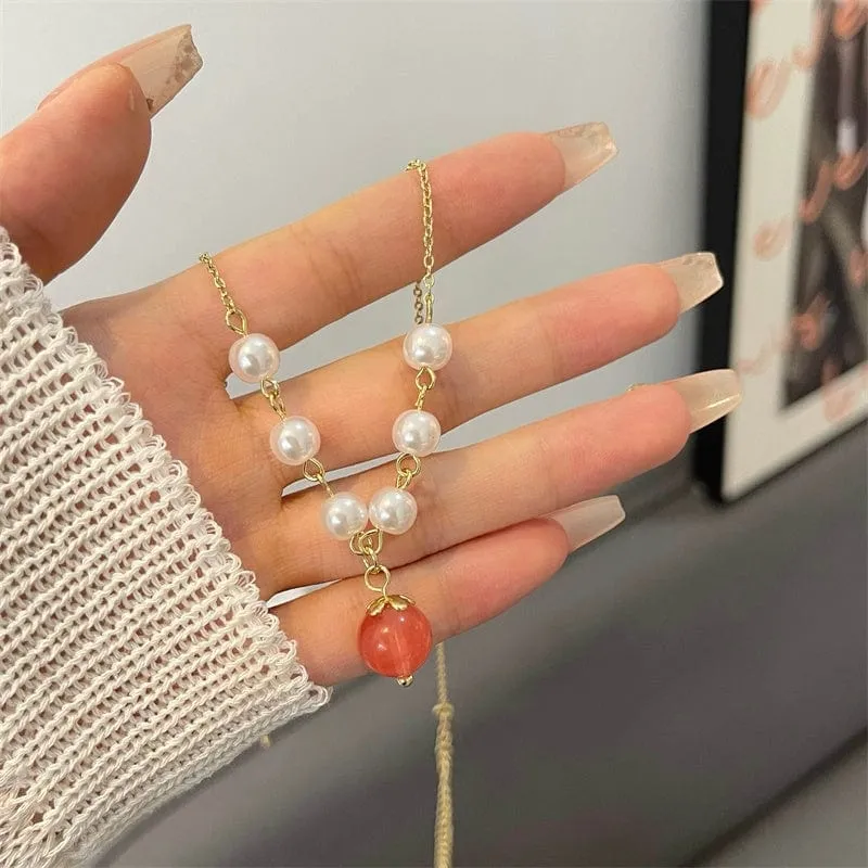 Charming Stone Peach Pendant Pearl Chain Necklace