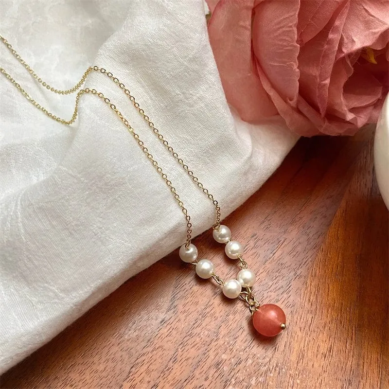 Charming Stone Peach Pendant Pearl Chain Necklace