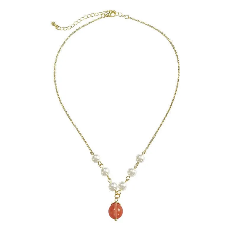 Charming Stone Peach Pendant Pearl Chain Necklace