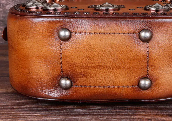 Cool Ladies Rivets Leather Circle Bag Crossbody Purse For Women