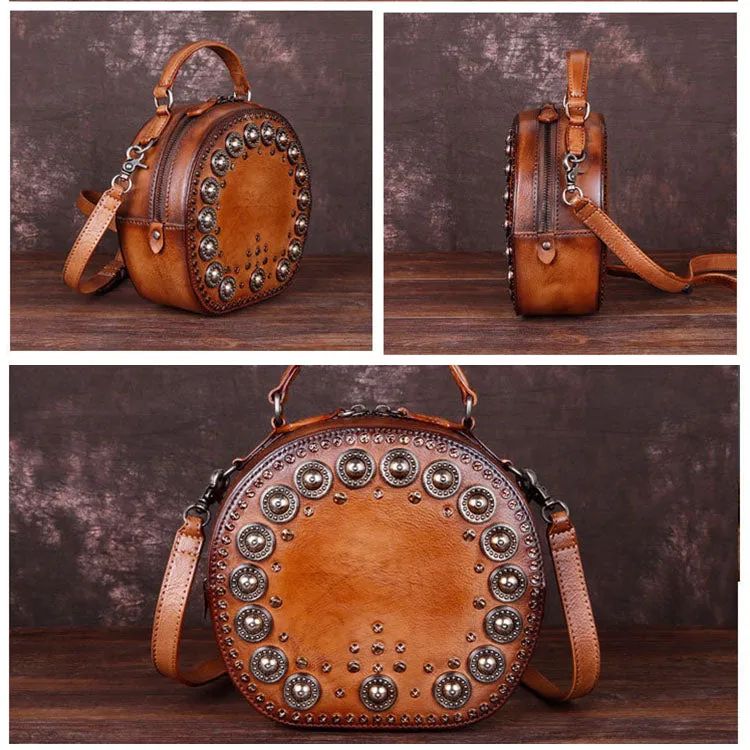Cool Ladies Rivets Leather Circle Bag Crossbody Purse For Women