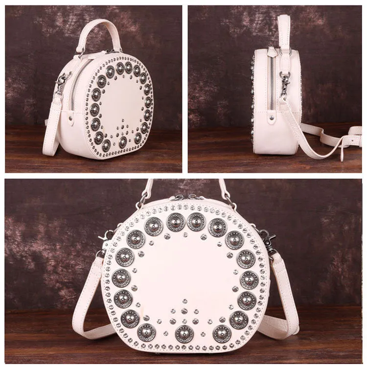 Cool Ladies Rivets Leather Circle Bag Crossbody Purse For Women