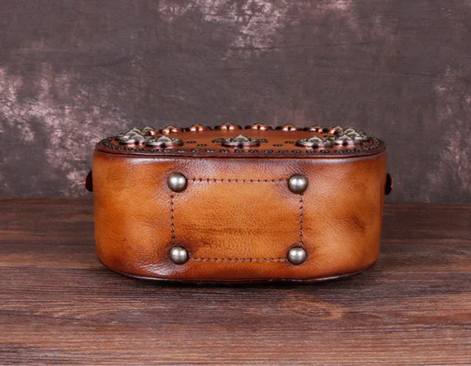 Cool Ladies Rivets Leather Circle Bag Crossbody Purse For Women