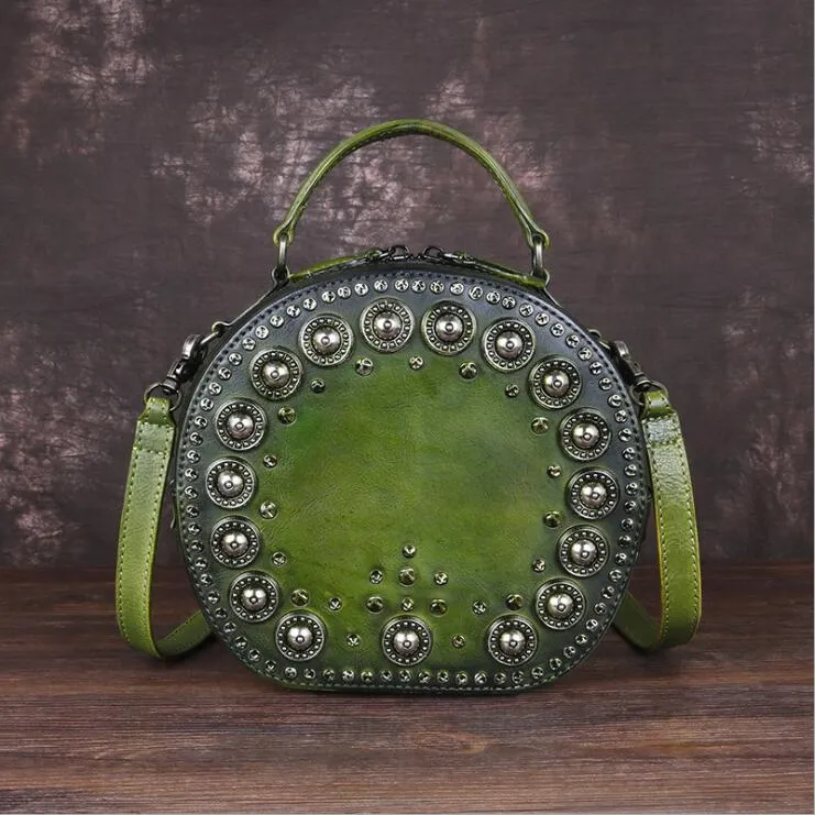 Cool Ladies Rivets Leather Circle Bag Crossbody Purse For Women