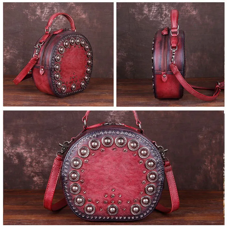 Cool Ladies Rivets Leather Circle Bag Crossbody Purse For Women