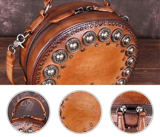 Cool Ladies Rivets Leather Circle Bag Crossbody Purse For Women