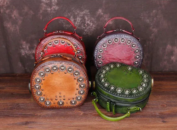 Cool Ladies Rivets Leather Circle Bag Crossbody Purse For Women
