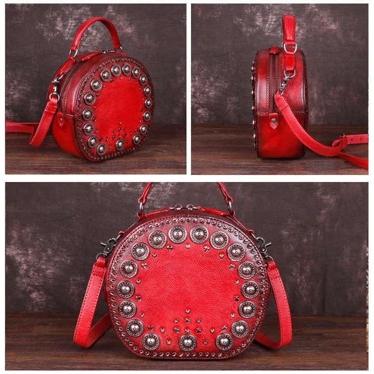 Cool Ladies Rivets Leather Circle Bag Crossbody Purse For Women