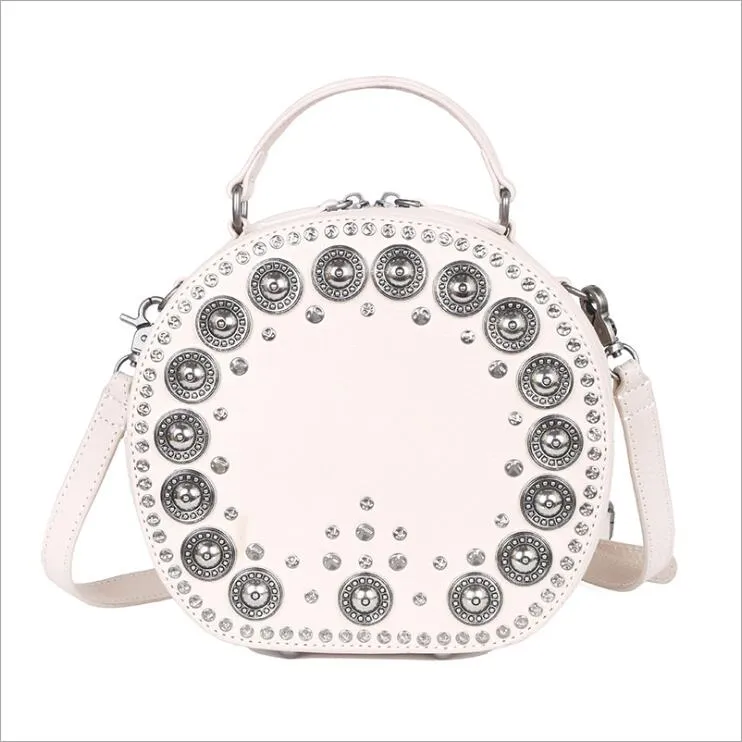 Cool Ladies Rivets Leather Circle Bag Crossbody Purse For Women