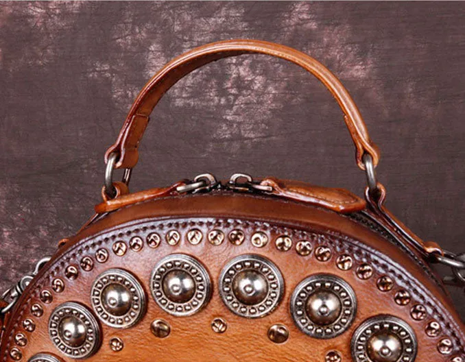 Cool Ladies Rivets Leather Circle Bag Crossbody Purse For Women