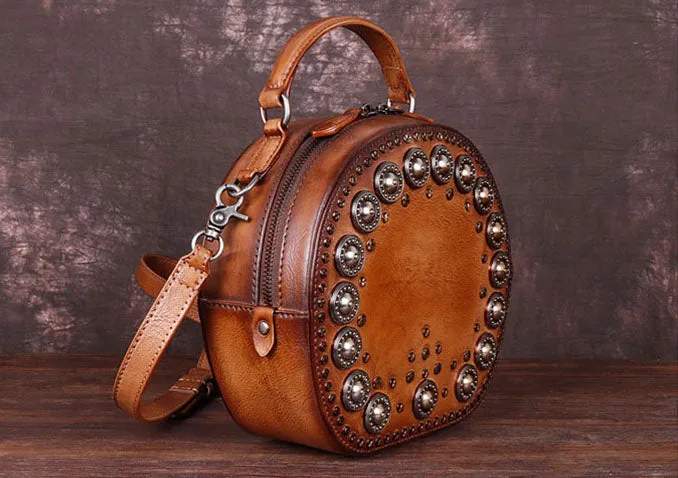 Cool Ladies Rivets Leather Circle Bag Crossbody Purse For Women