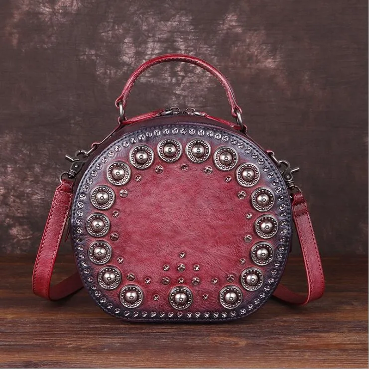 Cool Ladies Rivets Leather Circle Bag Crossbody Purse For Women