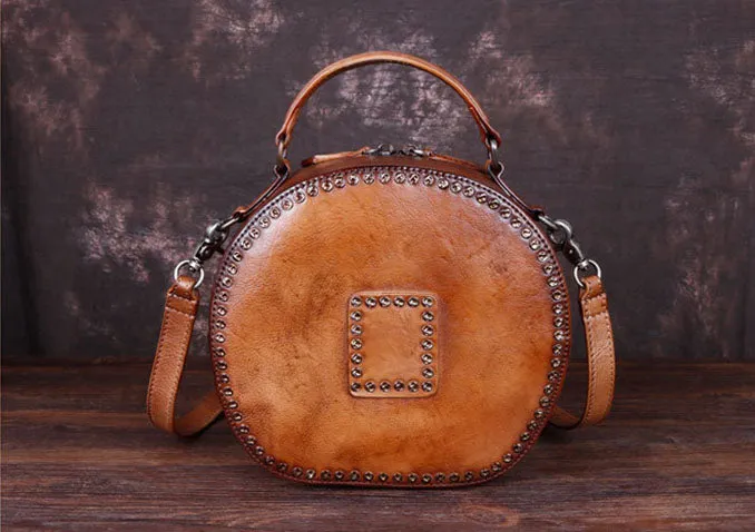 Cool Ladies Rivets Leather Circle Bag Crossbody Purse For Women