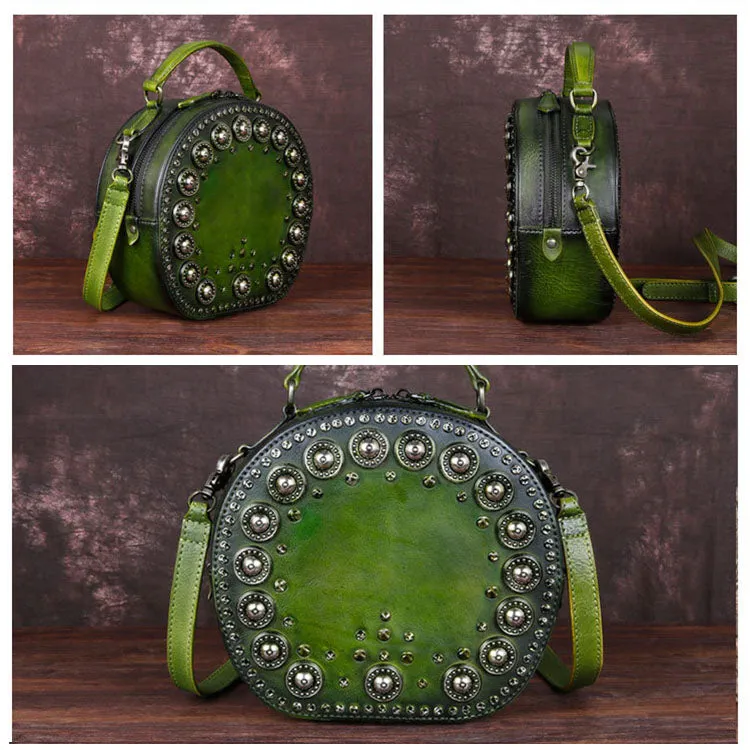 Cool Ladies Rivets Leather Circle Bag Crossbody Purse For Women