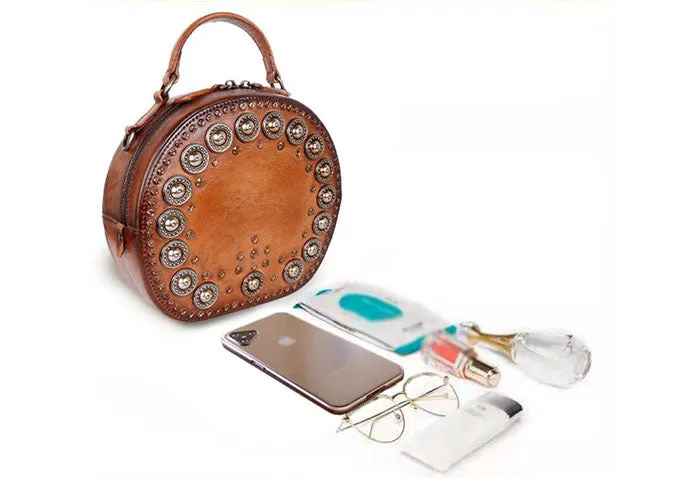 Cool Ladies Rivets Leather Circle Bag Crossbody Purse For Women