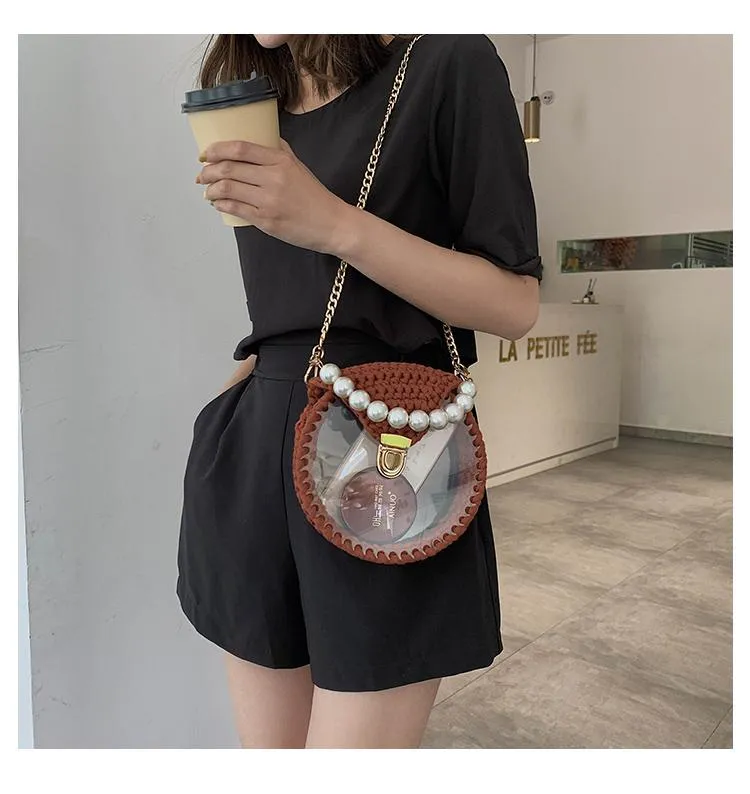 Cute Round Purple(Flap) Crochet Crossbody Purse PMMA Crochet Shoulder Round Handbag for Girl Circle Crochet Crossbody Purses
