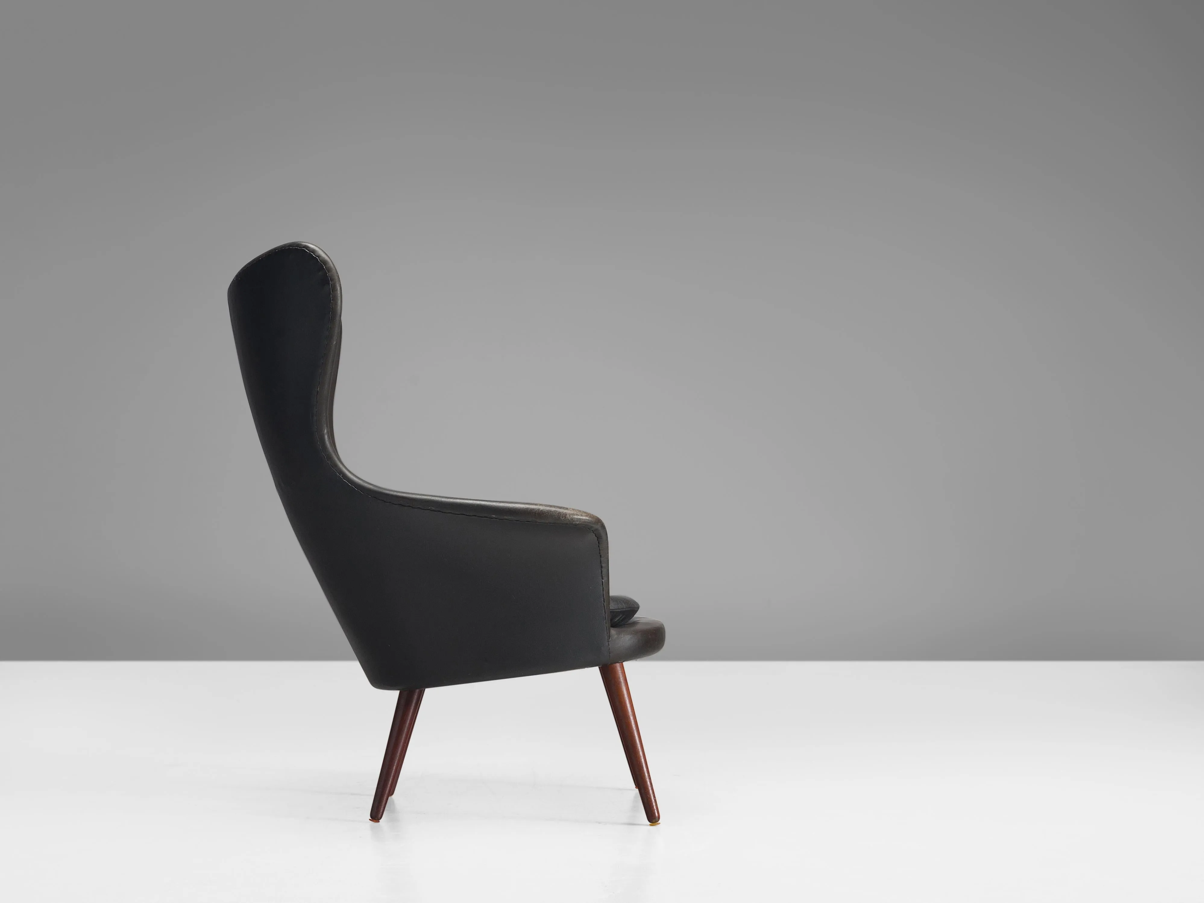 Danish High Wingback Chair in Black Leather