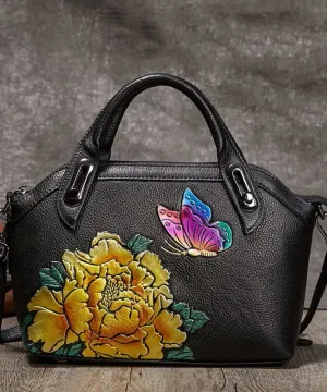 DIY Yellow Embossing Paitings Calf Leather Tote Handbag