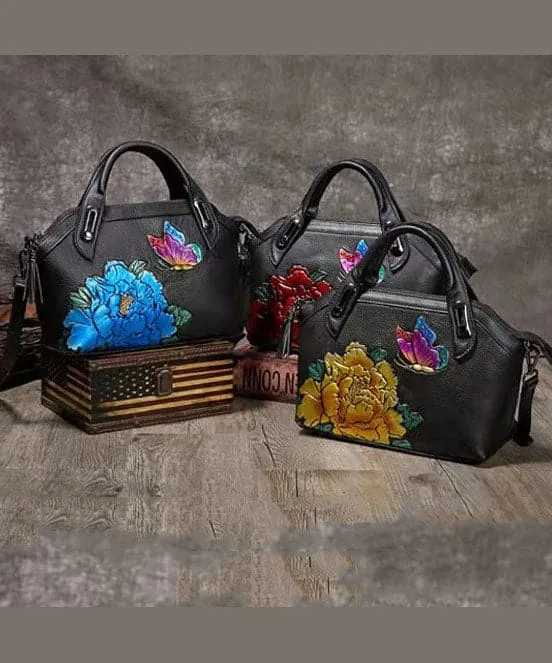 DIY Yellow Embossing Paitings Calf Leather Tote Handbag