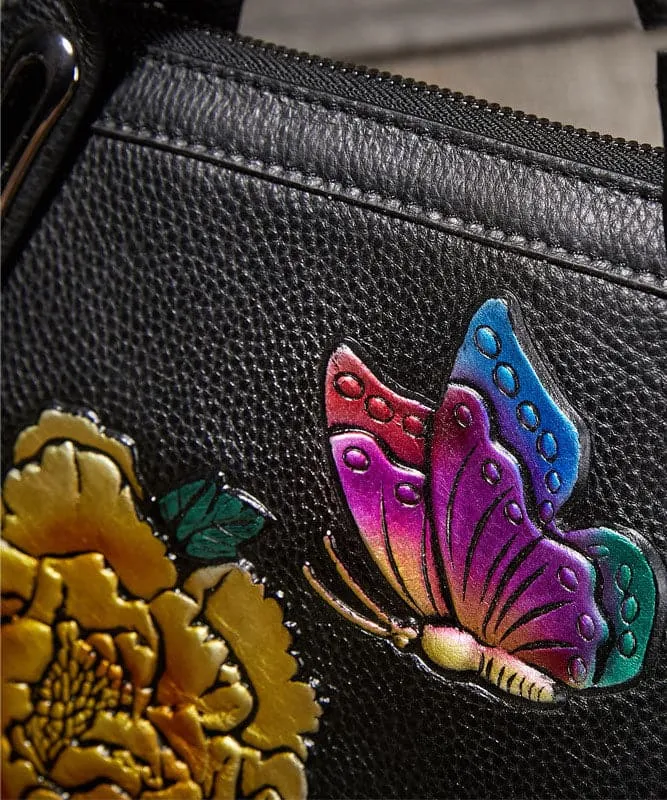 DIY Yellow Embossing Paitings Calf Leather Tote Handbag