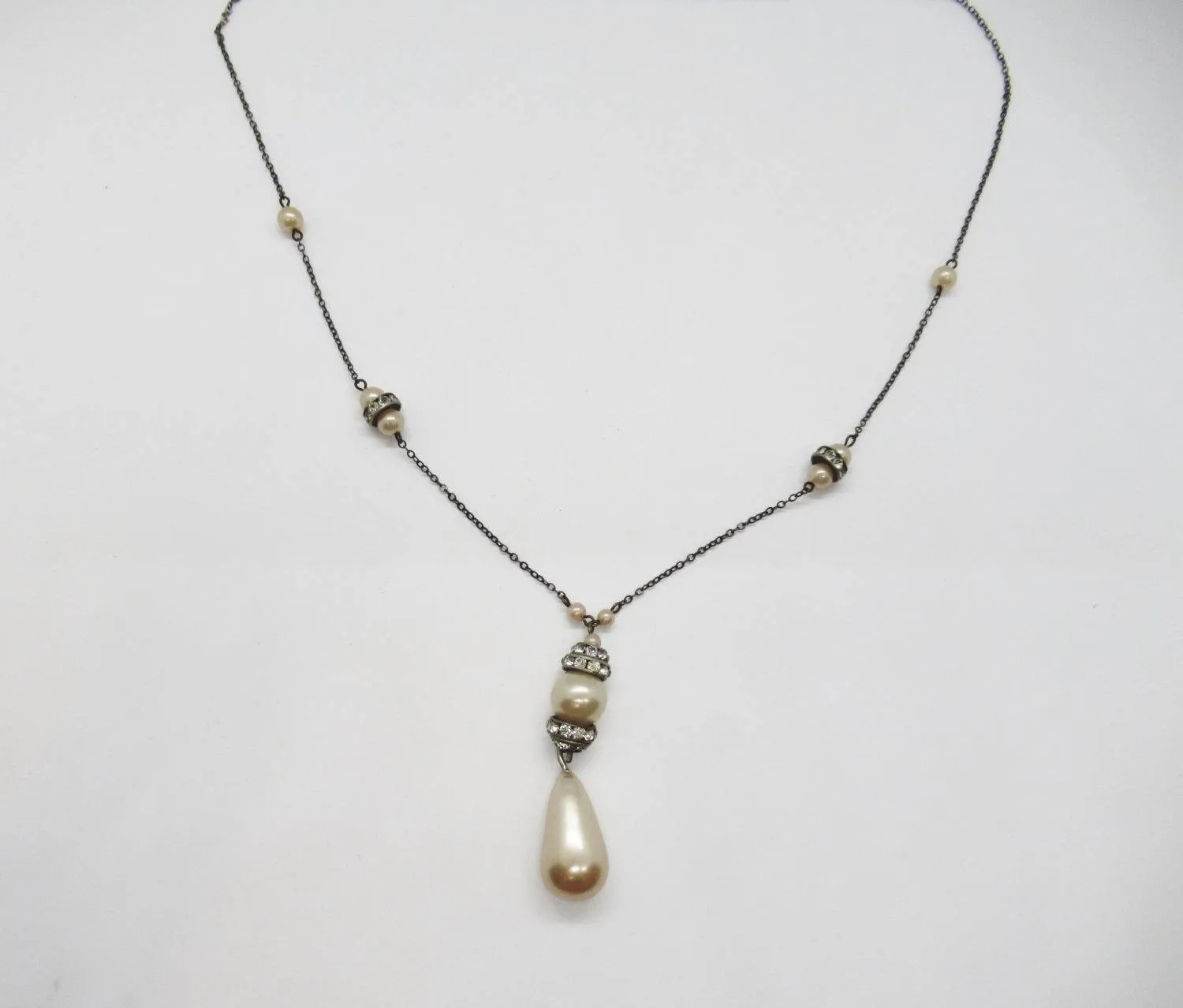 Estate Faux Pearl And Crystal Art Deco Style Drop Necklace